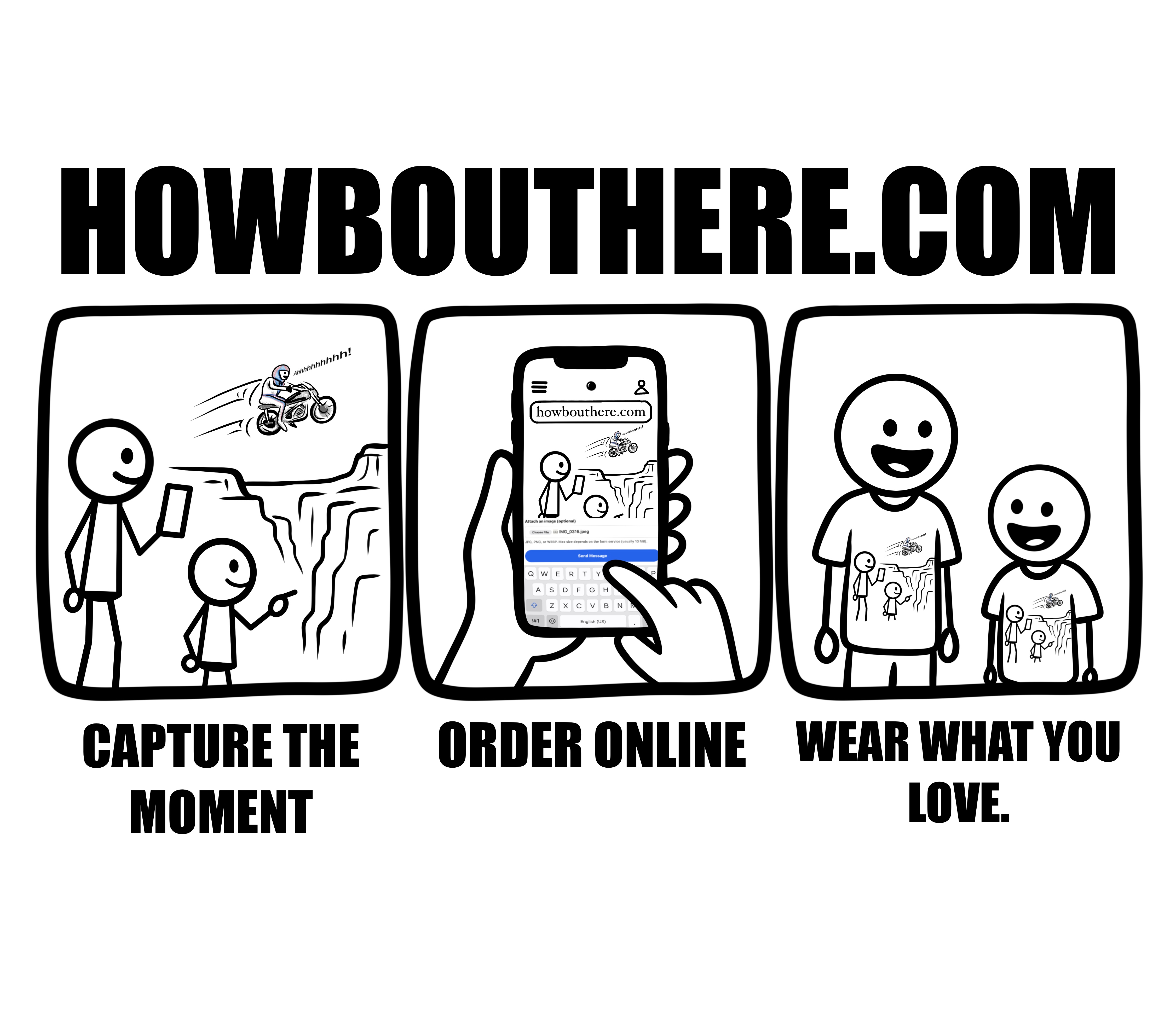 How Bout Here process comic: Capture the Moment, Order Online, Wear What You Love